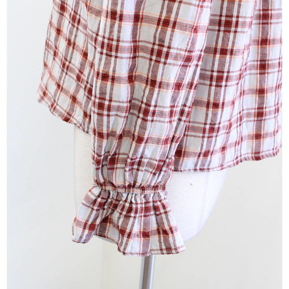 Maeve Anthropologie Plaid Ruffle Button Front Tie Neck Top Blouse Size XS Red - Picture 11 of 11